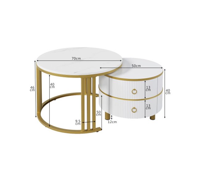 2 en 1, mesa de centro, mesa de salón, 2 cajones 70x70 Blanco