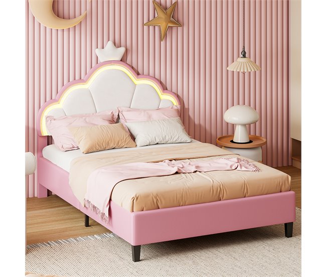 Cama Princesa, con Cabecero Corona Regulable y Luces LED 140x203 Rosa