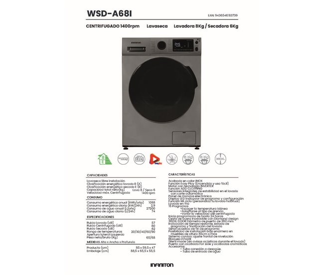 Lavasecadora Infiniton  WSD-A68I Gris