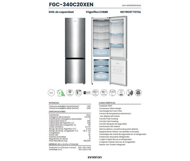 Frigorifico Combi Infiniton FGC-340C20XEN, 340 l, Total No Frost Inox