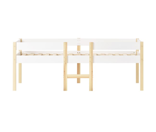 Cama alta infantil de madera de pino 198x97 Blanco/ Madera