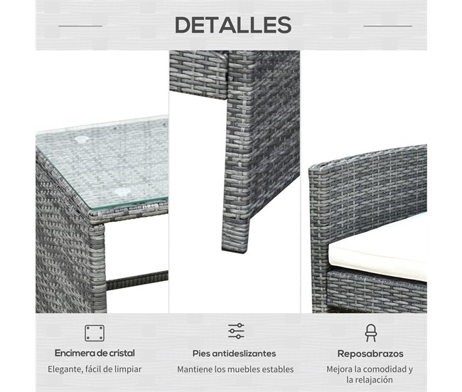 Muebles de Ratán Poliéster, Ratán PE, Vidrio, Metal Outsunny Gris