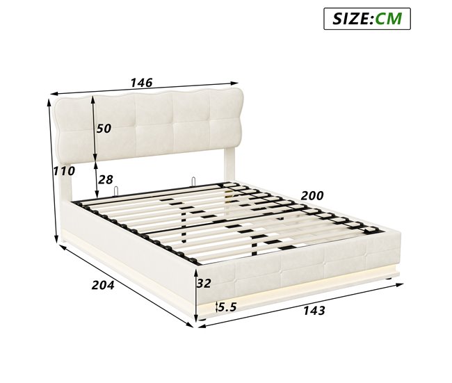 Cama, LED, cama con muelles, cama doble, cama funcional 146x204 Beige