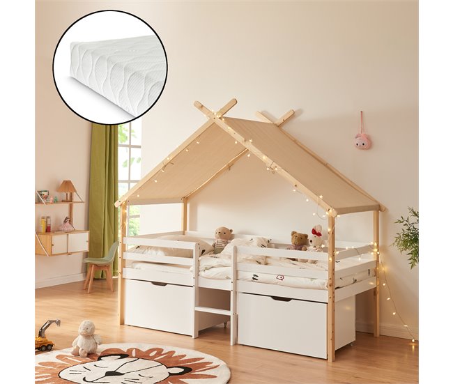Cama infantil Surnadal con colchón pino Blanco/ Madera