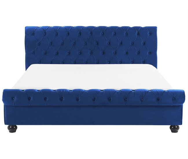 Beliani Cama con somier Terciopelo AVALLON 192x233 Azul Marino