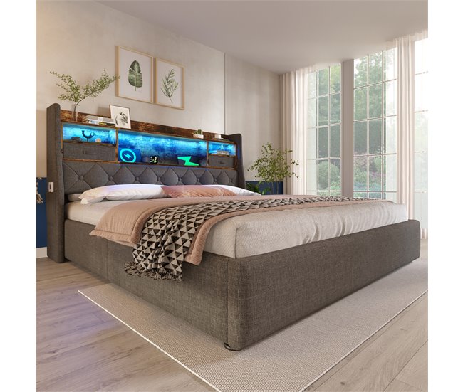 Cama de matrimonio de lino 193x221 Gris