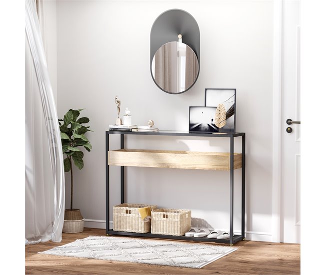 Mesa Consola Vidrio Templado, MDF, Metal HOMCOM 108 Negro