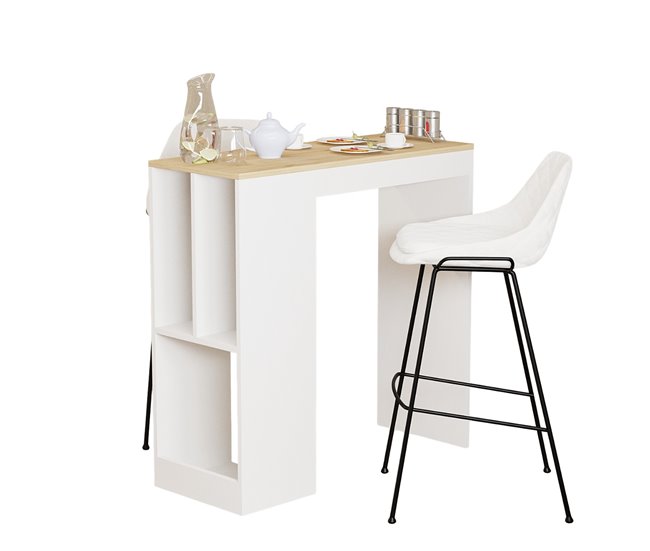 Mesa de cocina alta fija con estantes CLARA Blanco/ Madera
