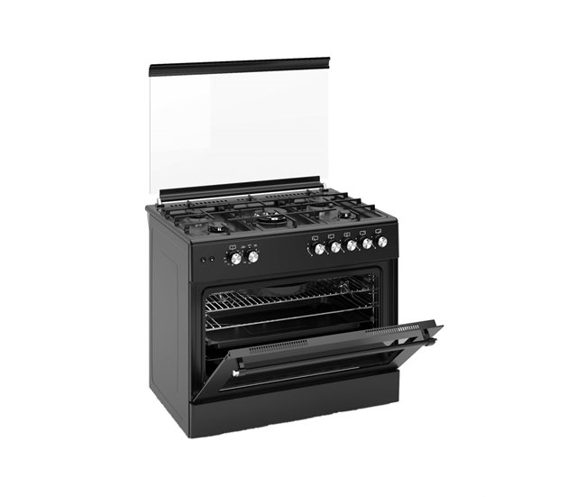 ALPHA Cocina de Gas VULCANO ELITE-90 Negro Mate. Encendido Automático, Wok, Ventilador y Temporizador. Negro