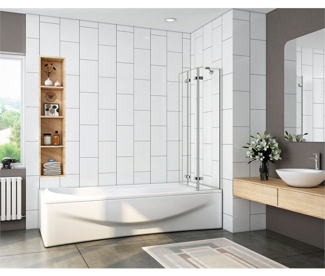 Mampara de Bañera Plegable Vidrio Templado con 3 hojas abatibles,Barra Soporte 35cm Blanco/ Gris