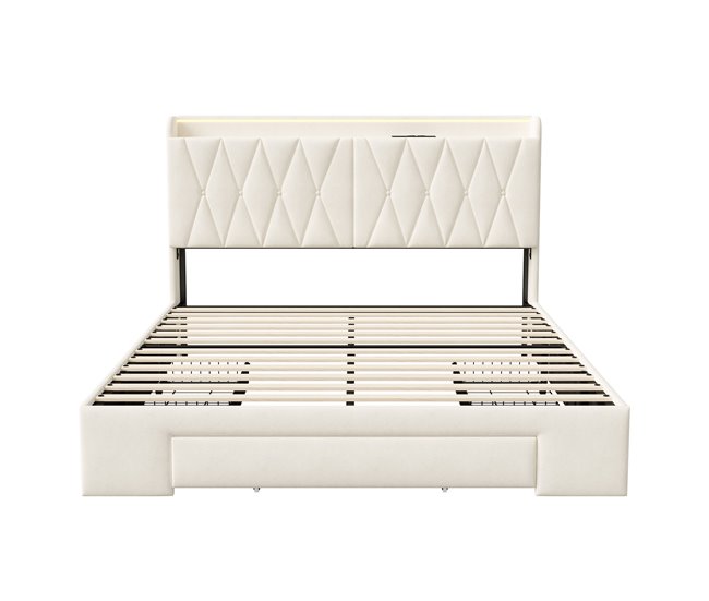 Cama LED RGB, USB, cajones almacenaje Beige