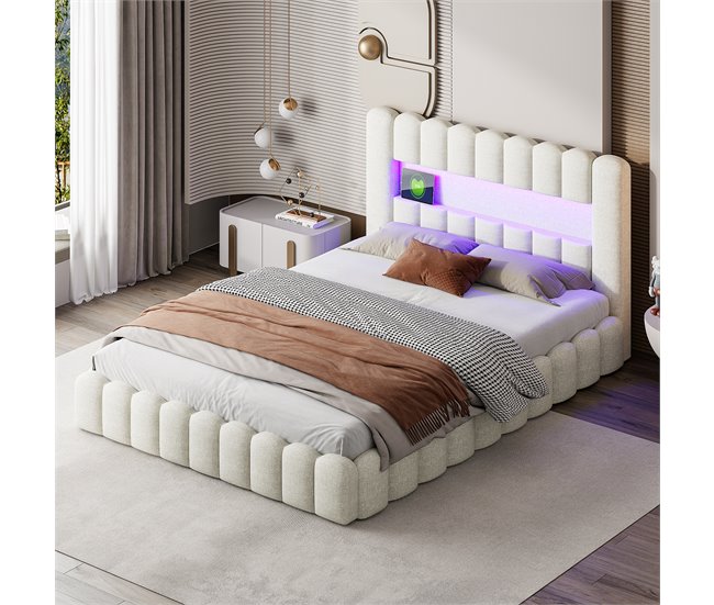 Cama, cama hidráulica, USB, iluminación LED, cama doble 193x220 Beige