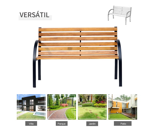 Banco de Jardín Acero, Madera de Pino Outsunny 122x60 Marron