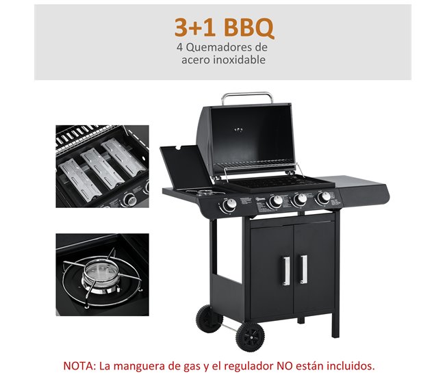 Barbacoa de Gas PP, Acero Outsunny Negro