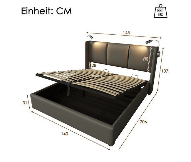 Cama de matrimonio de pu con almacenaje Gris