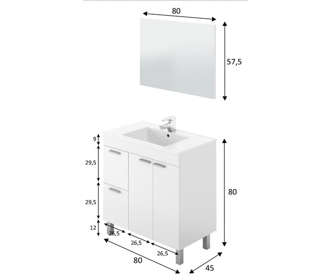 Mueble baño Adam 2 puertas 2 cajones, espejo y lavabo, Blanco brillo Blanco