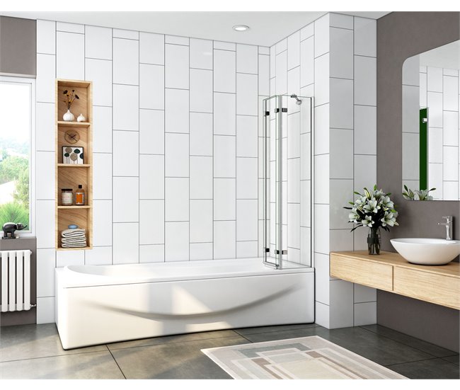 Mampara de Bañera Plegable Vidrio Templado con 3 hojas abatibles,Barra Soporte 35cm Blanco/ Gris