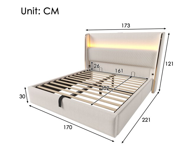 Cama con almacenaje de lino 173x221 Beige