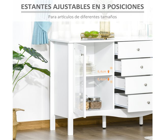 Aparador de Cocina MDF, Vidrio Templado HOMCOM 136 Blanco