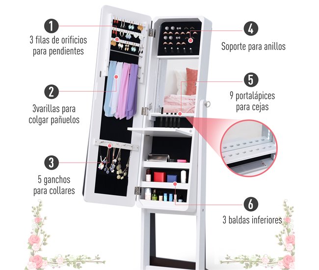 Joyero de Pie con Espejo MDF HOMCOM, hogar - decoración hogareña Blanco