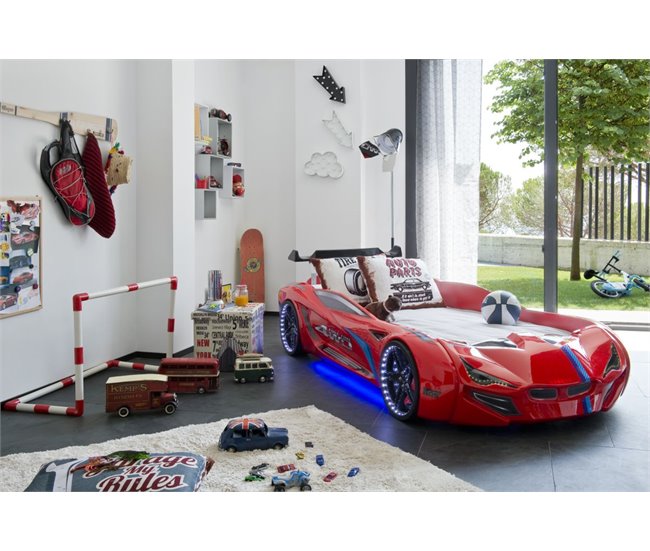 Cama coche LE MANS 90x190cm con luces led Rojo
