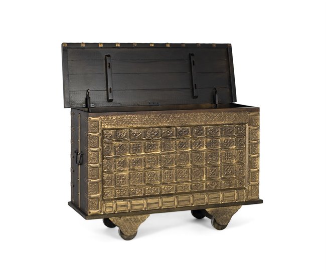 Cofre de madera maciza y latón repujado, acabado envejecido Dorado