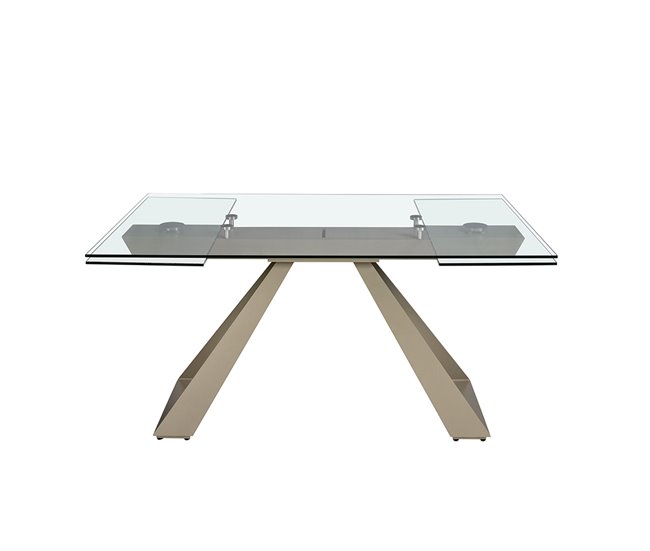 ANGEL CERDA Mesa comedor extensible rectangular cristal templado y acero gris taupé 240x100 Transparente