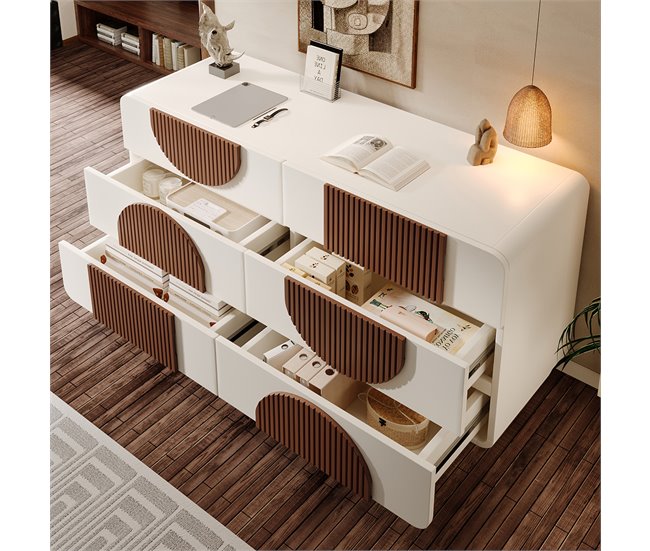 Cómoda doble con 6 cajónes Natural/ Blanco