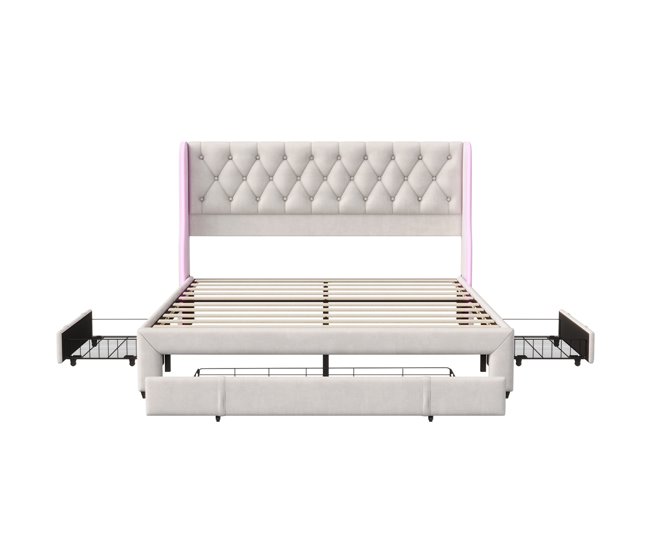 Cama, cajón, cama con canapé, LED, cama funcional Beige