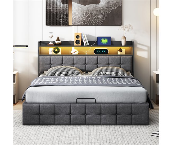 Cama LED RGB, USB-C, depósito gas, tela lino Gris