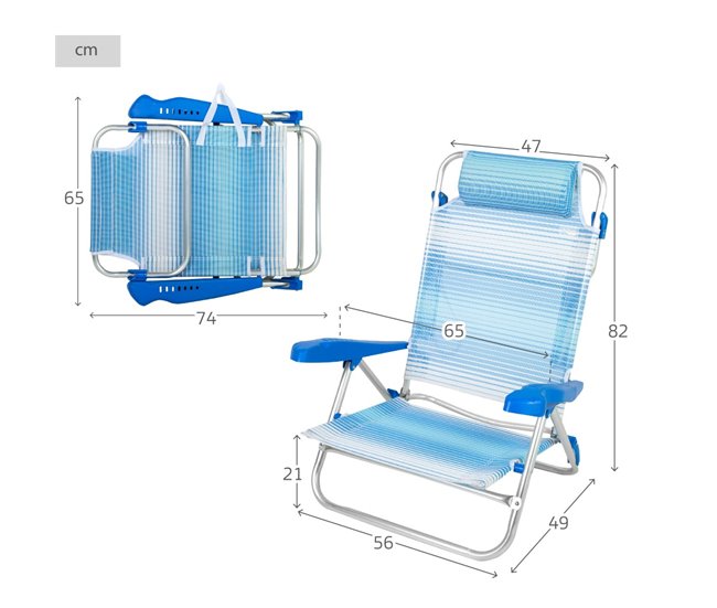 Aktive Silla de playa plegable y reclinable 7 posiciones rayas c/cojín y asas mano Azul