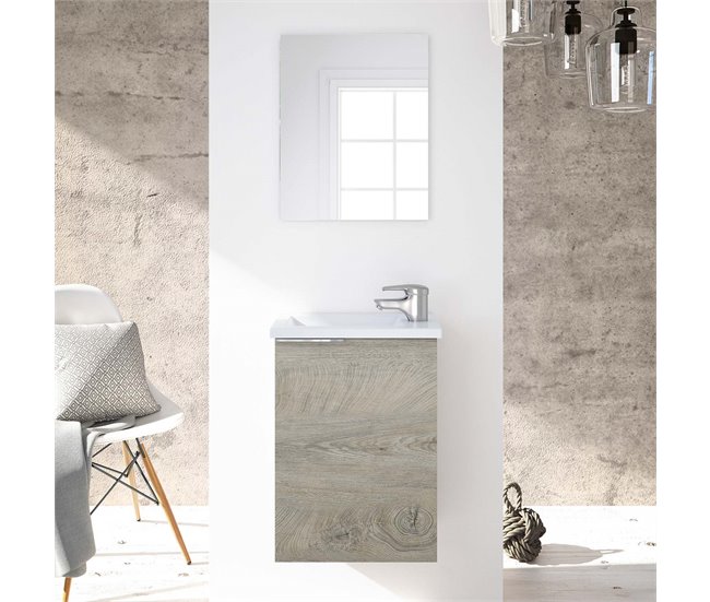 Mueble baño Elsa 1 puerta, espejo y lavabo, Alaska Madera
