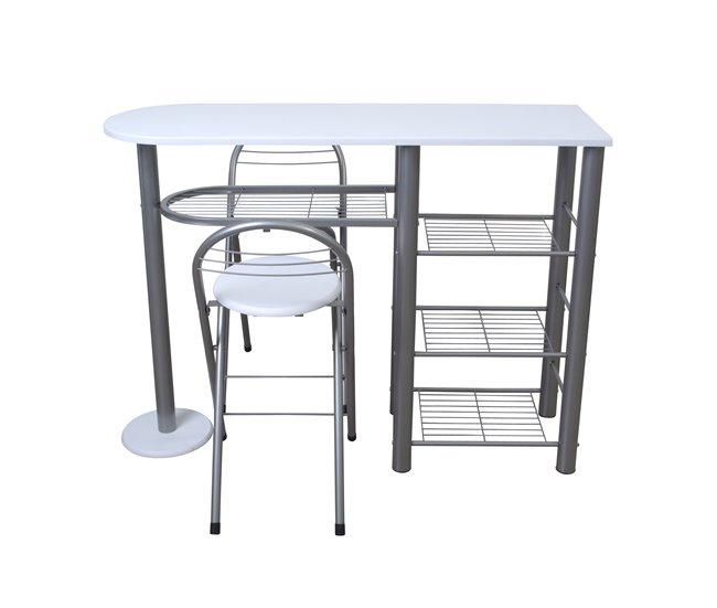 Conjunto barra y 2 taburetes de bar MALACCA II Blanco/ Plateado