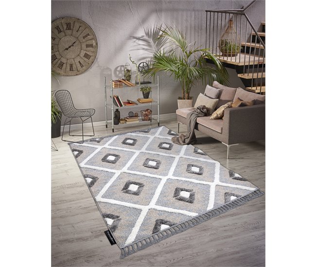 Alfombra MAROC P651 Diamantes Franjas Bereber marroquí Shaggy 180x270 Gris