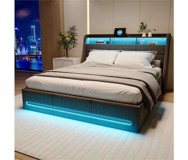 Cama baúl con somier, cama baúl conerto USB tipo C, iluminación LED 152x202 Gris