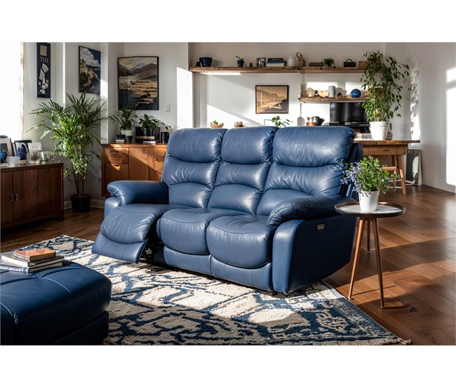 Sofá relax eléctrico 3 plazas de piel ESPRIT Azul