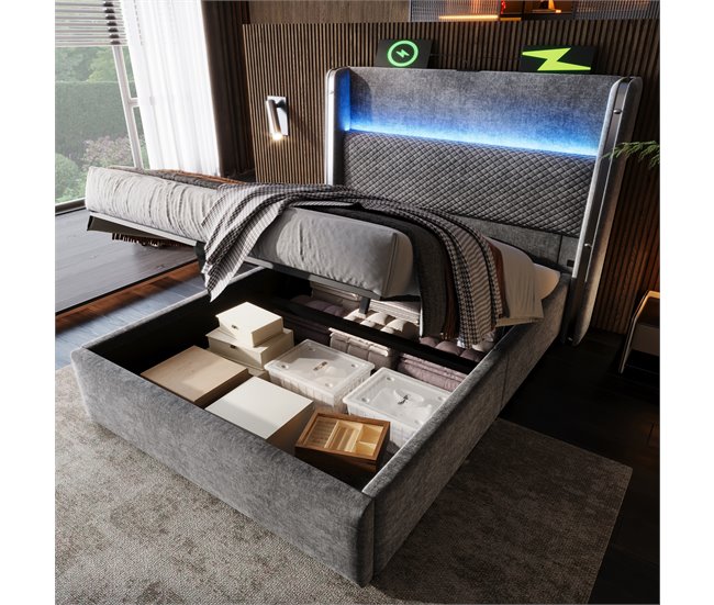 Cama con almacenaje de lino Gris