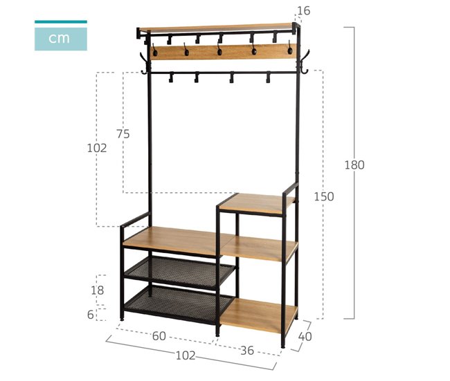 Max Home Perchero zapatero entrada madera y acero 4 estantes Negro/ Madera