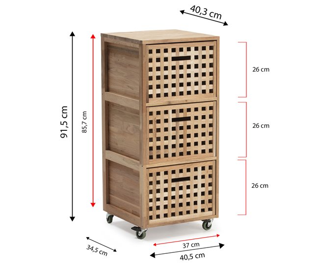 Mueble de baño Bukit 3 cajones con ruedas Madera