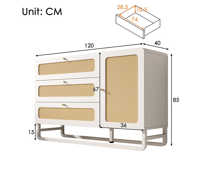 Aparador con 1 puerta y 3 cajónes Natural/ Blanco