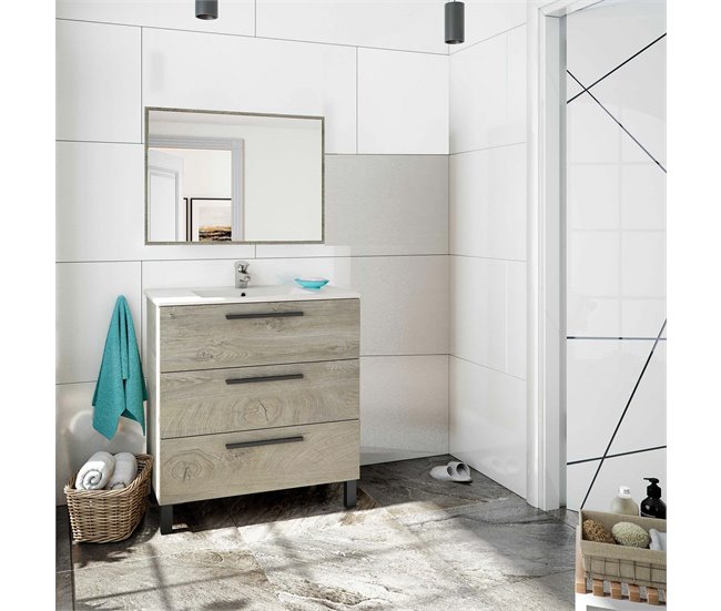 Mueble baño Alise 3 cajones, espejo y lavabo, Alaska Madera