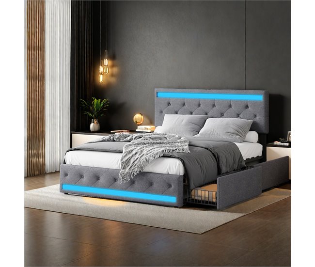 Cama doble, LED, USB, 4 cajones 162x210 Gris