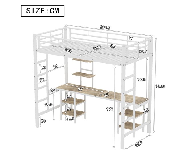 Cama alta para niños 95x204 Blanco