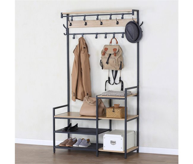 Max Home Perchero zapatero entrada madera y acero 4 estantes Negro/ Madera