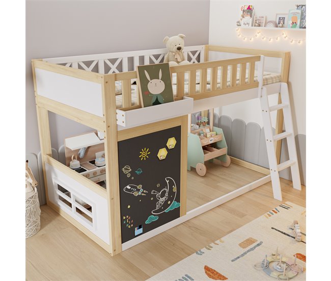 Cama alta de madera de pino Natural/ Blanco