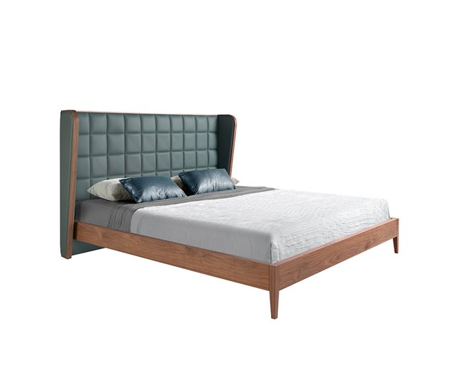 Cama matrimonio tapizada en polipiel  y madera chapada en nogal Verde Oscuro