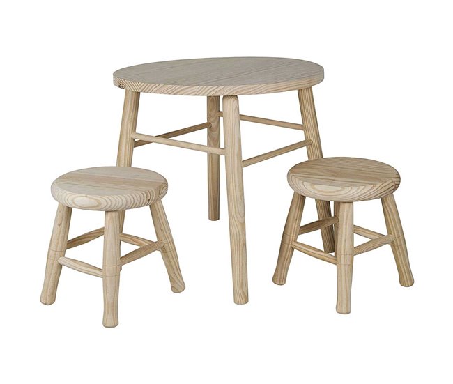 WELL HOME - Conjunto infantil (Mesa + 2 taburetes) en madera de pino Marron
