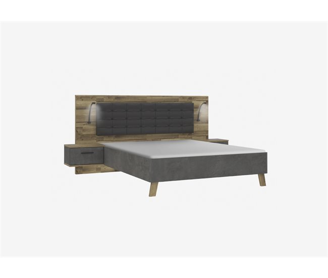 Conjunto cama con cabecero y mesitas de noche RICCIANO Roble