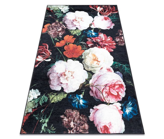 Alfombra lavable ANDRE 1629 flores vintage 160x220 Negro