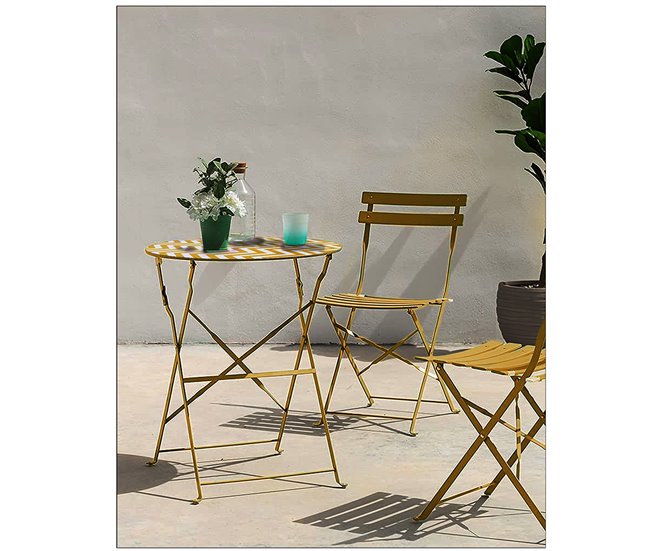 Acomoda Textil – Conjunto de Mesa Auxiliar Redonda con 2 Sillas. Amarillo